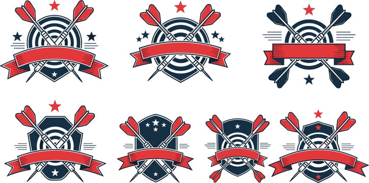 Set of vintage darts club labels and emblems featuring crossed darts target board shields and ribbons for sport tournament or t-shirt design.