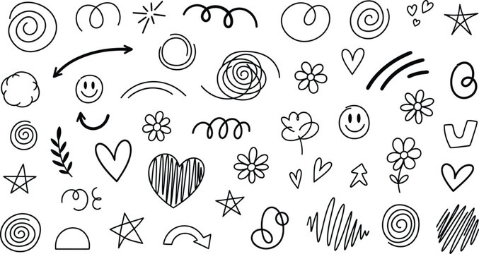 Hand drawn doodle icons set with hearts stars flowers and smiley faces on white background