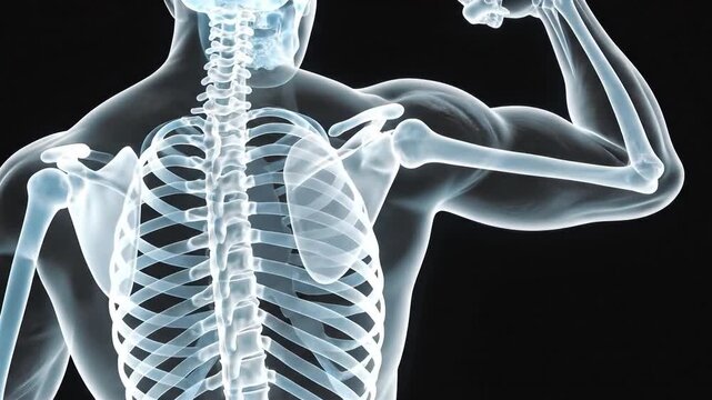 3d render of human anatomy displaying skeletal and muscular structure with a flexing arm, suitable for medical education, health science, biology study, and fitness promotion.