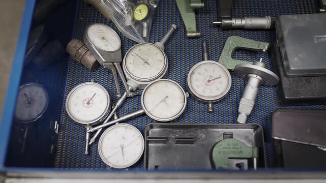 Overhead view of an industrial tool drawer storing analog dial indicators, micrometers, and precision gauges