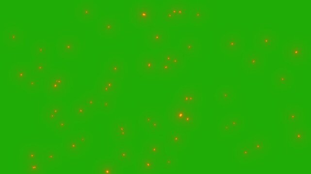 Fiery embers particles over green background overlay,   burning fire upward night 4k loop features, abstract glowing fire particles green screen video. 