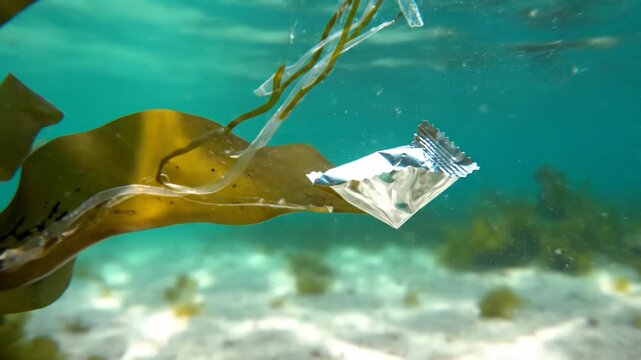 Underwater scene showing plastic wrapper entangled in seaweed, drifting through clear blue water with sandy ocean floor visible in the background