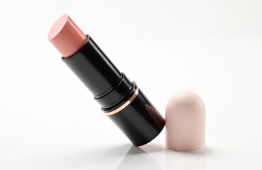 Cream blush stick with applicator cap nearby. Light peach colored cosmetic product for cheeks. Elegant makeup item with black casing and rose gold accent ring, isolated on white.