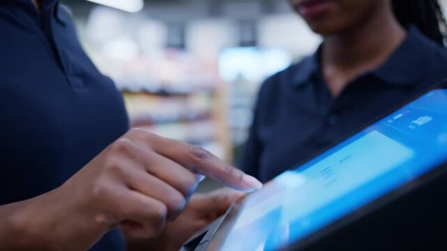 Close Up View of Hands Interacting with a High Tech Digital Touchscreen Kiosk in a Modern Retail Environment