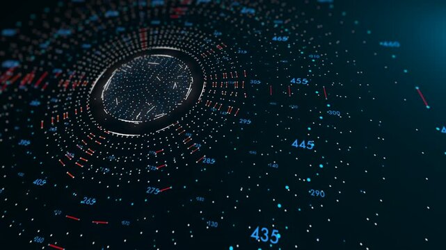 Glowing red central data core with numerical coordinates and connecting lines. Centralizing an active artificial intelligence processor or deep-learning neural network hub visualization.