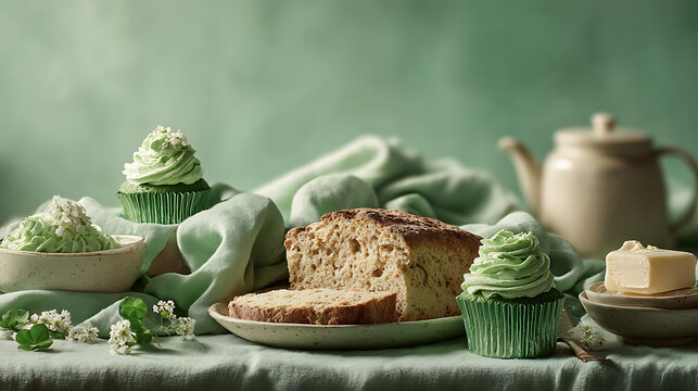 St patrics day concept delicious sweet treats with cupcakes and sliced bread on a table st patrics
