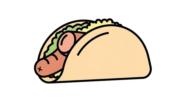 A whimsical, cartoon-style illustration of a taco filled with a sausage and lettuce. The hard shell is beige