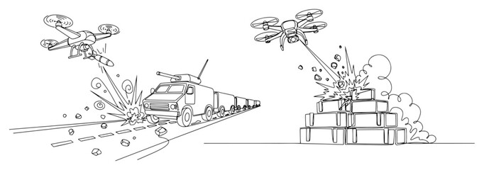 Fototapeta premium Minimalist one line art of kamikaze drones bombing a military truck convoy and a cargo storage area with explosions
