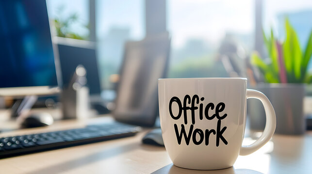 A cup with the sign "Office Work" sits on a desk in the workroom of a business center