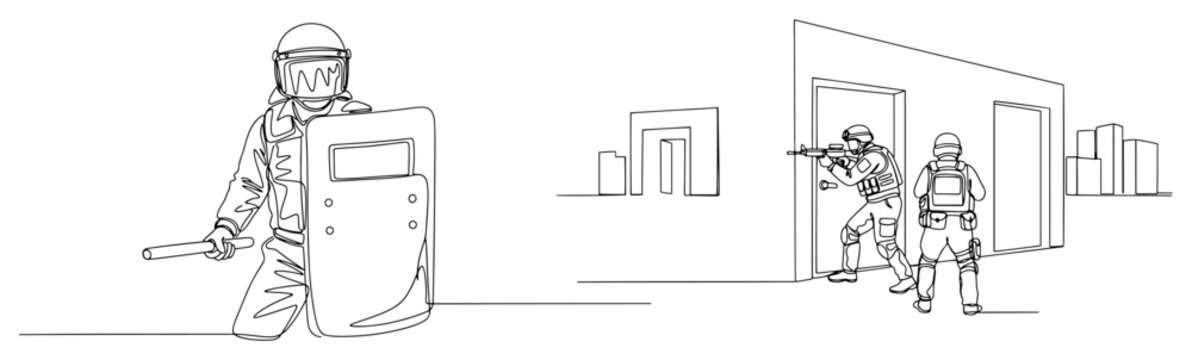 Minimalist one line drawing of tactical riot police with shield and special forces entering building