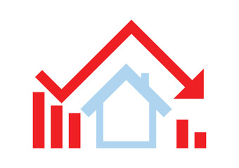 Real estate and property crash. House with a red arrow drop-down with bar chart on a white background.
