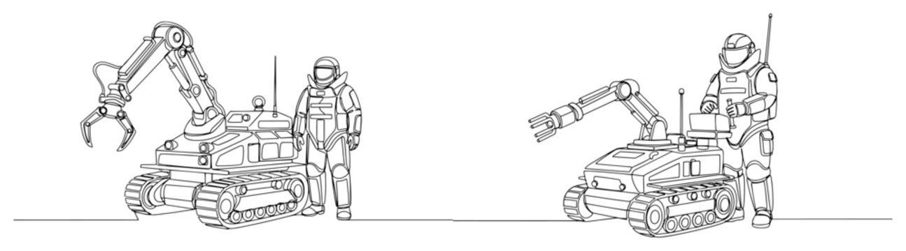 Bomb disposal technician in protective suit with remote controlled EOD robot drawn in continuous line style