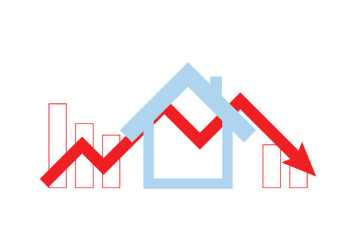 Real estate and property crash. House with a red arrow drop-down with bar graph on a white background.