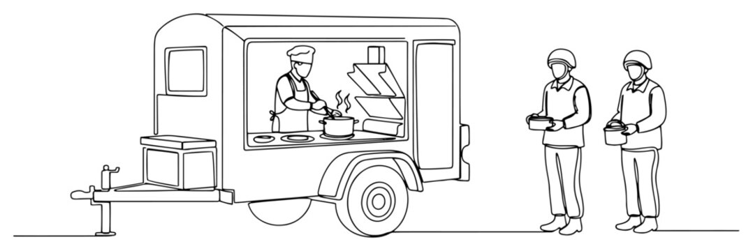 One line drawing of a military field kitchen trailer with a cook serving soldiers