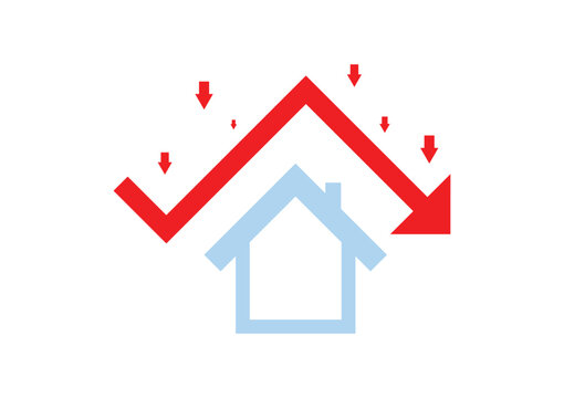 Real estate and property crash. House with a red arrow drop-down on a white background.