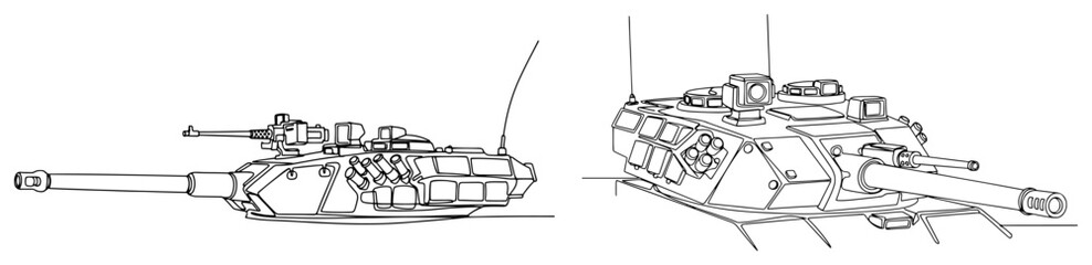Minimalist one line drawing of modern main battle tank turrets with heavy cannons © Alicja