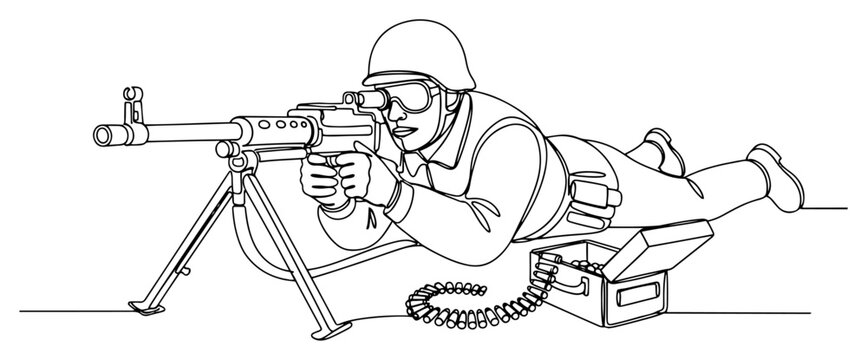 Soldier lying prone and aiming a heavy machine gun with ammunition box in one line art
