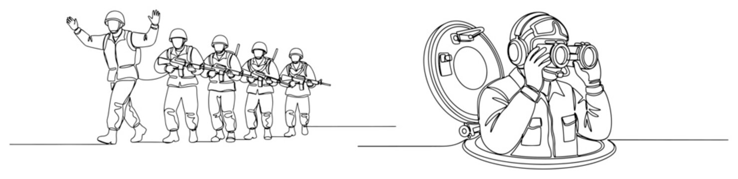 One line drawing showing soldiers with a prisoner and a tank commander using binoculars