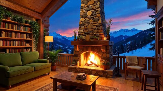 Cozy cabin with fireplace and mountain view
