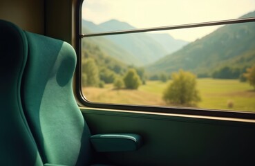 Fototapeta premium Empty green train faces window with view of rolling hills and meadows. Scenic journey through countryside offers peaceful travel. Sunlit landscape from rail car evokes calm.
