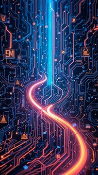 neon circuit data stream through blue digital glow
