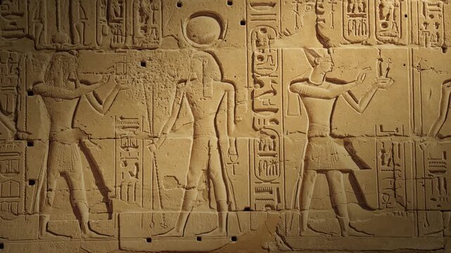  Ancient Egyptian wall with large hieroglyphs. Karnak Hypostyle hall columns in the temple at Luxor Thebes