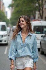 Fototapeta premium Young woman smiles walking down city street wearing light blue shirt and white shorts. She looks happy, confident, and fashionable. Vehicles are blurred in background.