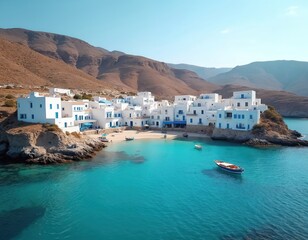 White village with blue accents on a rocky Greek island coast. Turquoise sea laps a sandy beach. Boats float in clear water under mountains.