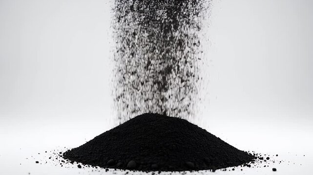 Fine black particles are falling into a dark pile against a bright background