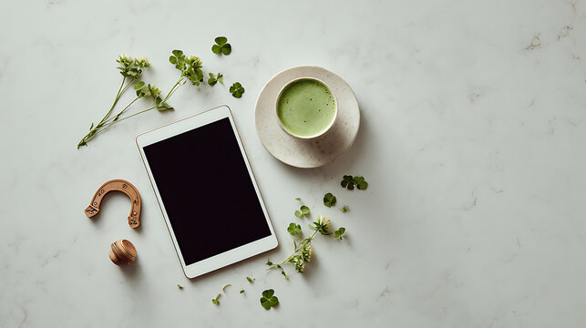 St patrics day concept a tablet surrounded by healthy food and a cup of green tea on a white surface st patrics