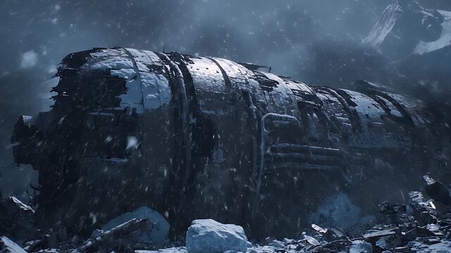 Derelict Sci-Fi Spaceship Wreckage Embedded in Frozen Arctic Wasteland
