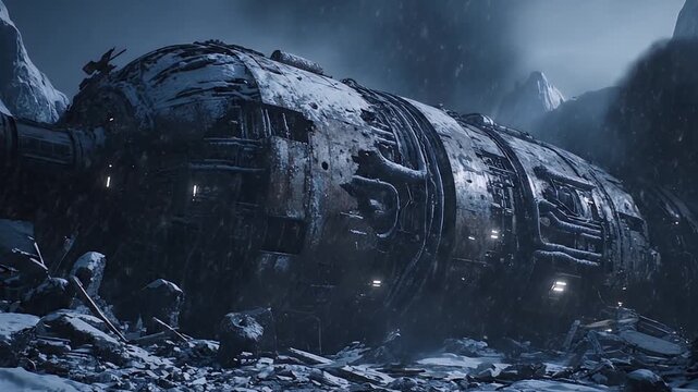 Derelict Sci-Fi Spaceship Wreckage Embedded in Frozen Arctic Wasteland
