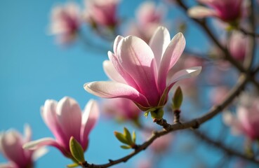 Fototapeta premium Pink magnolia flower opens its petals against blue sky. Delicate blossom on tree branch in spring season. Nature beauty in daylight outdoors.