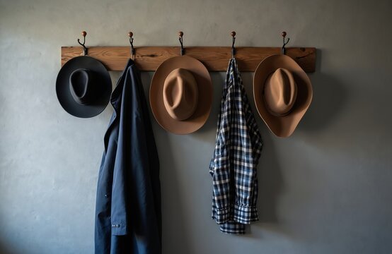 Wooden coat rack with hats and jackets hanging on hooks. Cowboy hats and a navy coat are neatly organized on the wall. Items for men and women fashion.