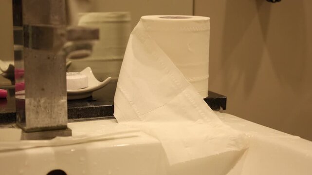 Display a clean white tissue box placed on a clean bathroom sink.
