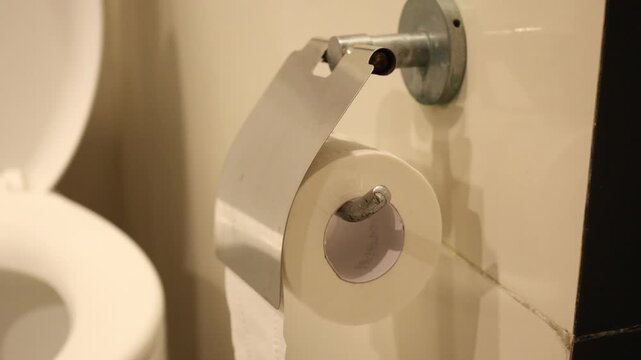 White clean, soft toilet paper hanging on the toilet paper holder. ceramic toilet in a modern bathroom. The concept of personal hygiene.
