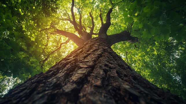 Forest tree. View of a tree crown from below in a green forest