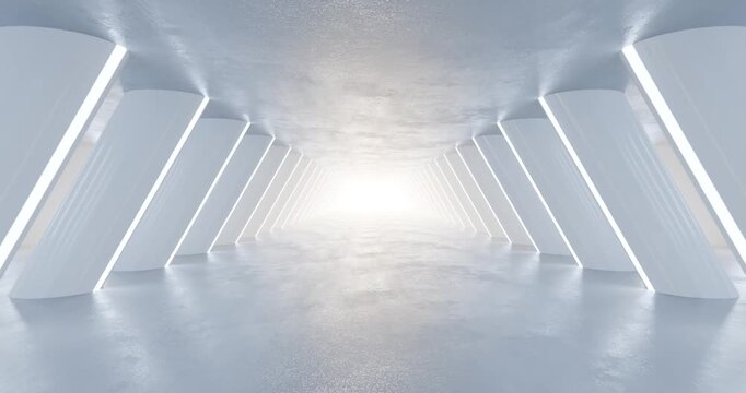 Futuristic white sci-fi corridor with glowing led lights 3d loop animation