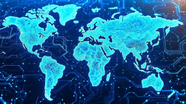 Digital world map on circuit board
