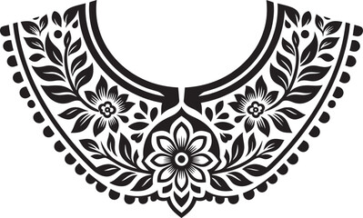 Obraz premium Elegant black and white floral embroidery neckline design with intricate leaf patterns for apparel and fashion.