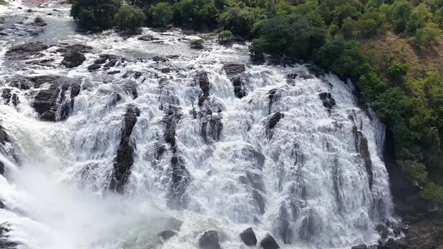 Aerial Slow Motion View of Barachukki Falls on Cauvery River Karnataka India