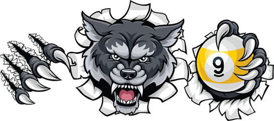 Fototapeta premium Wolf nine ball pool billiards sports mascot holding a 9 ball cartoon illustration