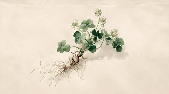 St patrics day concept a small plant with green leaves and roots on a beige background st patrics