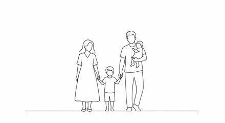 Happy Family Standing Together White Background Line Art Illustration