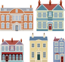 Fototapeta premium Victorian house building set with old English houses and buildings. Georgian mansion and manor style homes set. Vintage British architecture facade illustrations for backgrounds set.