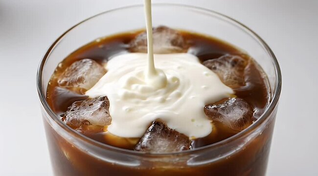 Cream pouring into iced coffee, creating swirling patterns