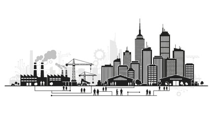 Fototapeta premium Modern Cityscape with Industrial Buildings and Skyscrapers