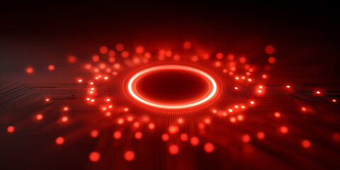 Glowing red digital core with electronic circuit patterns