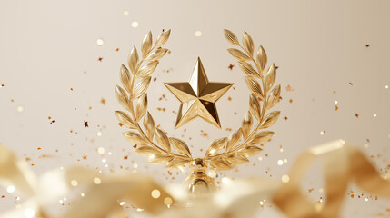 Golden star trophy award with laurel wreath and celebration confetti