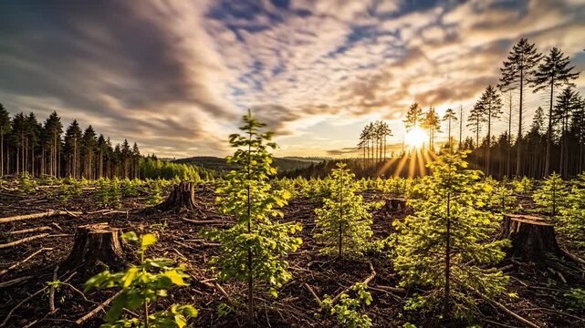 Young green saplings grow in a deforested area with tree stumps under a bright sky, showcasing the transition from logging to new growth in a forest landscape